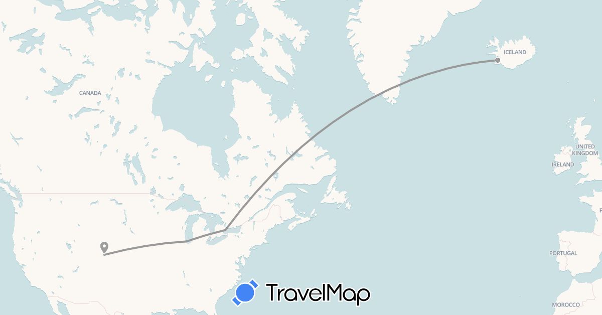 TravelMap itinerary: driving, plane in Canada, Iceland, United States (Europe, North America)